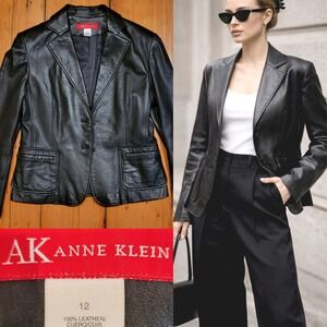 Anne Klein Leather Blazer Jacket Black Size 12